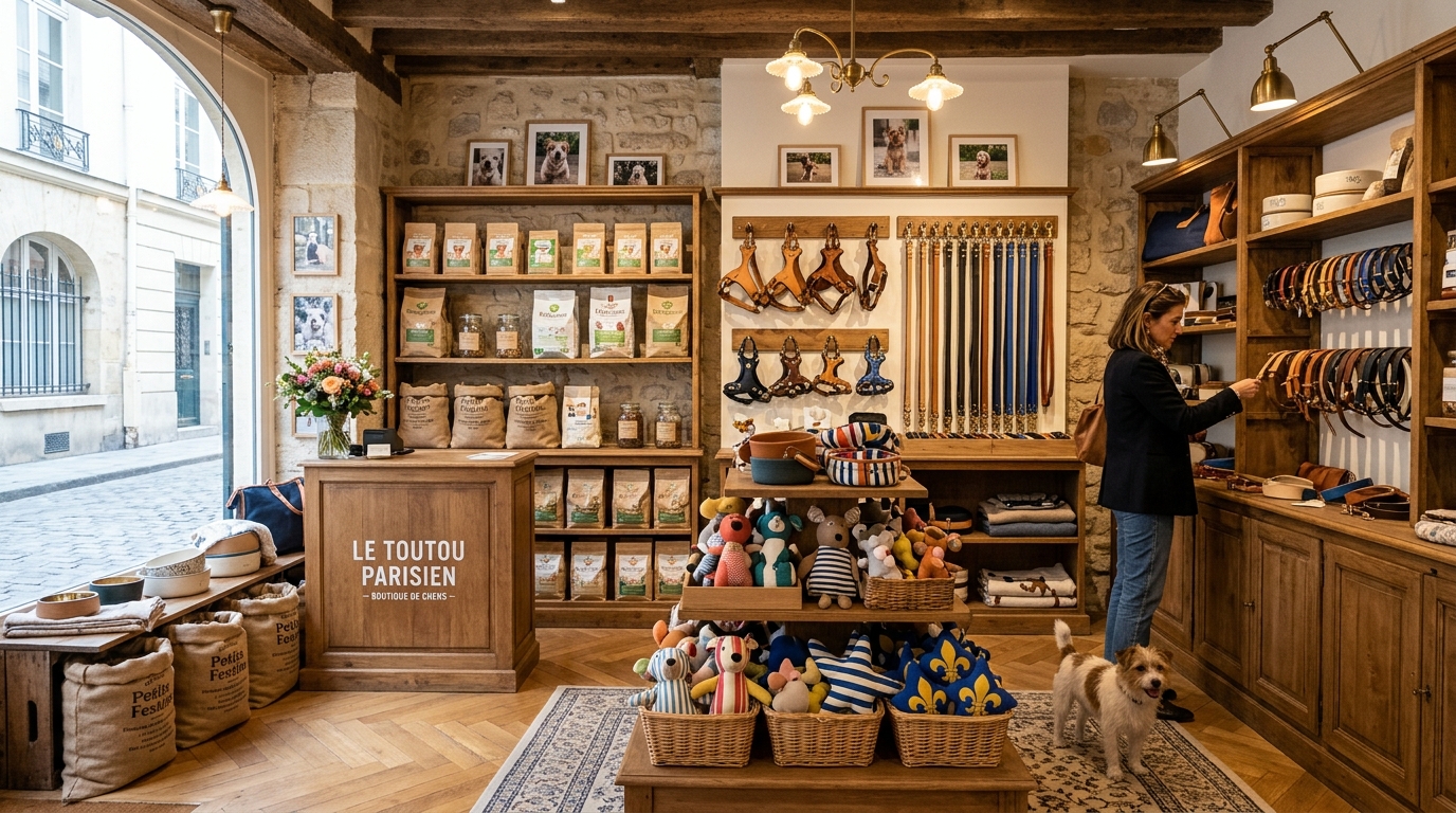 Intérieur d'une boutique chic pour chiens à Paris avec accessoires artisanaux et alimentation naturelle