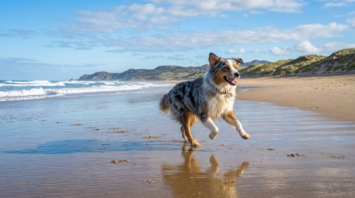 Chien berger australien courant sur une plage de sable en France
