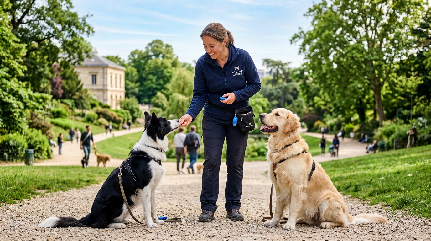 Séance d'éducation canine positive en parc en France avec border collie et golden retriever